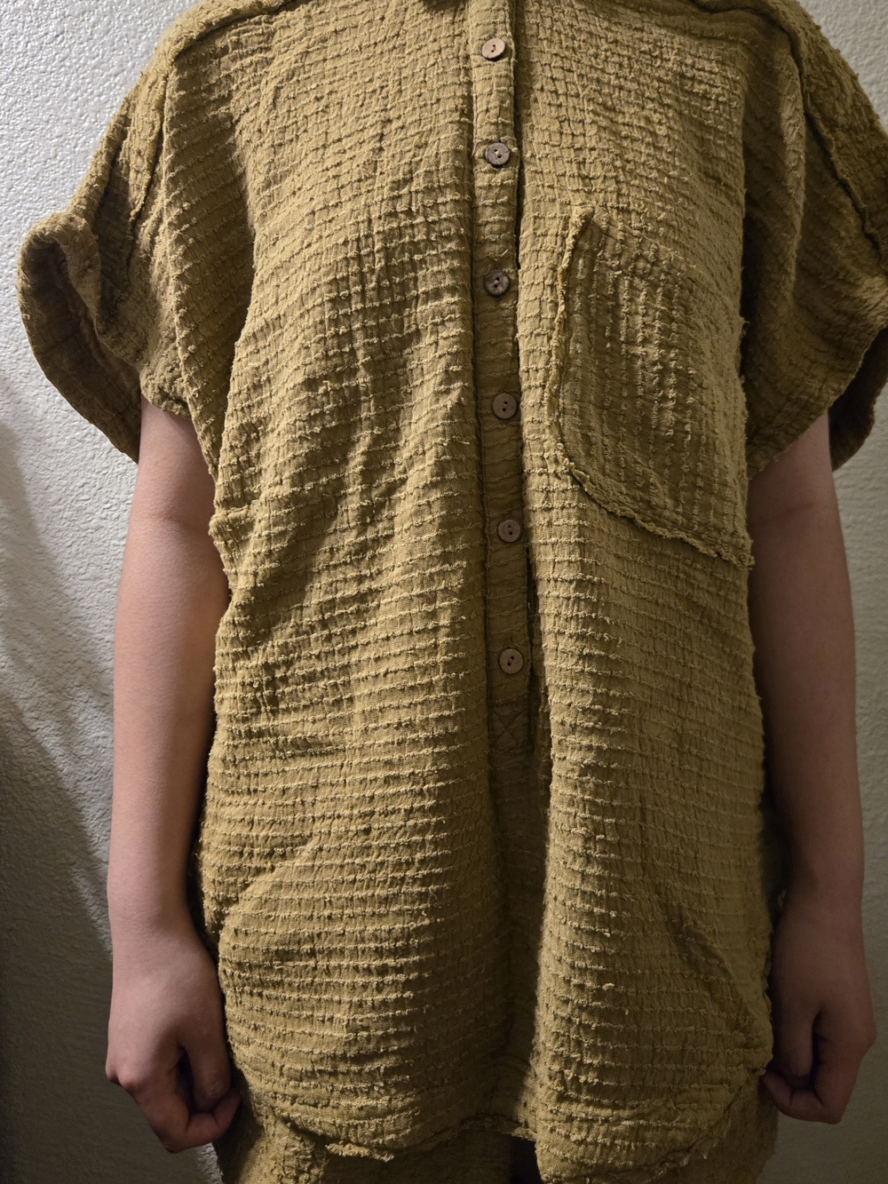 FREE PEOPLE - Textured Button-Front Tunic romper Mustard/Olive - M